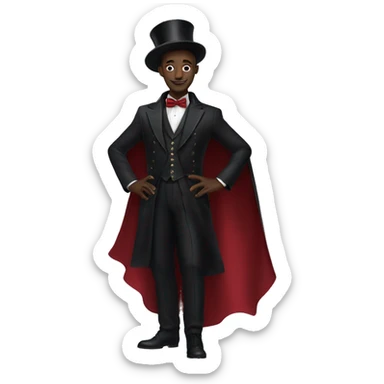 a black full body magician that has a cape that says ''Dior'', cape, text Dior sticker