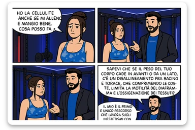 TRASFORMA QUESTO CAROSELLO IN UN FUMETTO CON QUESTE DUE PERSONE IDENTICHE CHE INTERLOQUISCONO TRA LORO:

LEI: Ho la cellulite anche se mi alleno e mangio bene, cosa posso fare?

LUI: Hai controllato il tuo baricentro corporeo?
Sapevi che se il peso del tuo corpo cade in avanti o da un lato, c’è un disallineamento fra bacino e torace, che comprimendo le coste, limita la motilità del diaframma e l’ossigenazione dei tessuti?
Il mio è il primo e unico percorso che lavora sugli inestetismi con un lavoro mirato sul baricentro corporeo. sticker