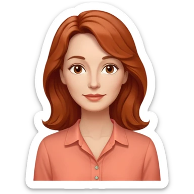 Middle-aged woman with elongated face, gentle structure, prominent cheekbones, warm expression, medium almond dark eyes, softly arched eyebrows, straight slender nose, friendly defined lips, reddish wavy hair with volume, wearing a coral-colored artistic-cut comfortable shirt sticker