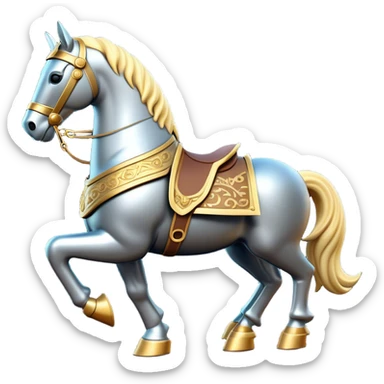Clash of Clans aesthetic: Cinematic Playful Armored Horse Emoji, rendered in a 3D vector-style similar to standard emojis with minimal shading and bold, simplified shapes. A compact, isometric warhorse outfitted in intricately detailed armor with noble accents, softly glowing with a gallant medieval carriage charm. Simplified yet unmistakably iconic, highly detailed and consistent, glowing with a soft radiant shine and high polish. Stylized with a touch of heroic elegance and a soft glowing outline, capturing the essence of a noble steed ready for battle with a friendly, playful air! sticker