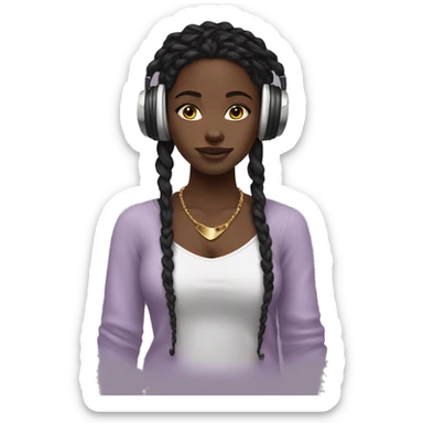 African girl. Black long twists. Wearing white headphones. Listening to music. Wearing a light purple v neck top. Gold Jewelry. Makeup. Blush. sticker