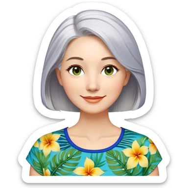A woman with light complexion, oval face with soft rounded features, full cheeks, gentle almond-shaped eyes with subtle smile lines, longer back length silver-gray hair parted to the side, wearing a vibrant short-sleeved blouse with tropical print in blue, green, and yellow, exuding warmth and joy. sticker