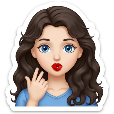 A girl with long, dark brown, wavy hair, grey-blue eyes, Sends a kiss sticker