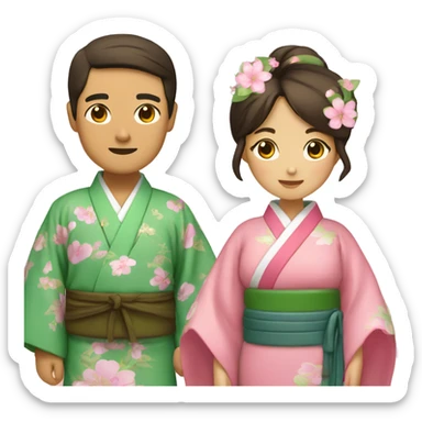 asian couple in kimono - man wearing green and brown, woman wearing pink with flora sticker