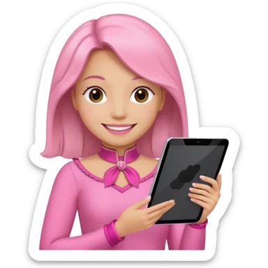 woman with pink costume with tablet sticker