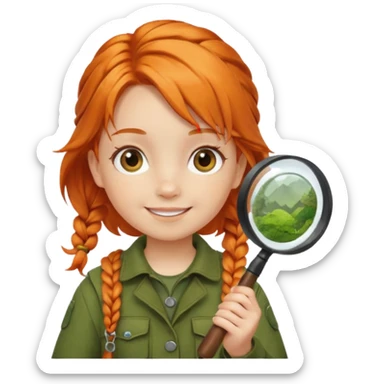 braid orange haired girl kid in moss green explorer outfit, holding magnifying glass, smile sticker