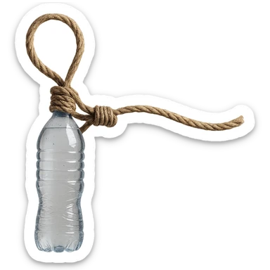 Make the rope longer with a loop as in the reference image, replacing the cheese with a clearly visible water bottle. The style should be realistic with natural details and no background. sticker