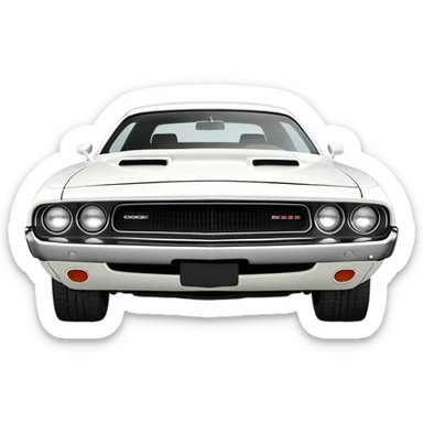 Solid white 1971 Dodge Challenger viewed from 30-degree angle, showcasing front grille and side profile, completely white paint job, Death Proof movie car, iOS emoji style sticker