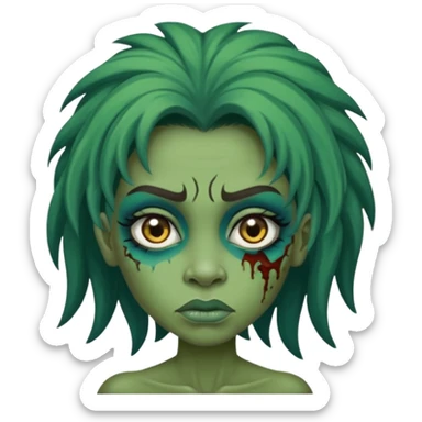 Faça um zumbi feminino, com cabelo loiro e olho azul, com algumas feridas abertas no rosto, cabelo longo, e pele verde, um rosto sem expressão sticker