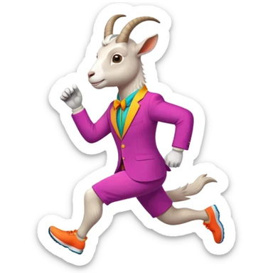 friendly anthropomorphised goat jogging upright in a colourful suit, standard pose sticker