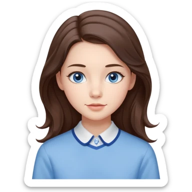 Realistic Student Portrait, with porcelain-like skin featuring a natural rosy flush, iHer Brunette Half-Up Style for Straight  hair flows in soft, Her deep blue eyes radiate warmth and innocence,  wear light blue preppy style. sticker