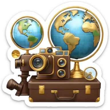 Icon for Documentary Film: A vintage movie poster style with a film reel, a camera, and a globe symbolizing exploration and knowledge. Include elements like a notebook, magnifying glass, and nature or historical visuals to evoke a sense of discovery. Transparent background. sticker