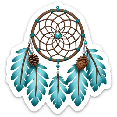 Winter-themed snow-covered spruce pine wooden pinecone dreamcatcher with white feathers, silvery chains and teal leaves sticker