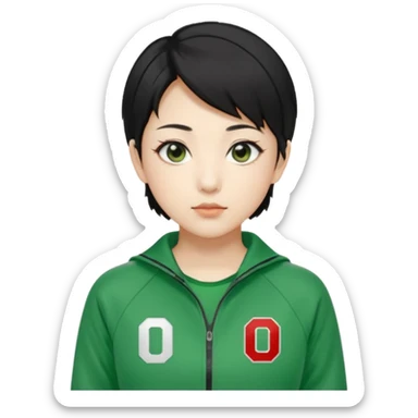 Create Kang Sae-byeok (Player 067), Korean female, short layered black hair, sharp eyes, green tracksuit with number 067 patch on chest. sticker