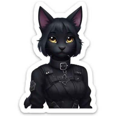 Gorgeous gothic dark techwear anime style anthro black cat furry with blushing face aesthetic and pretty edgy black with collar and harness trending style sticker