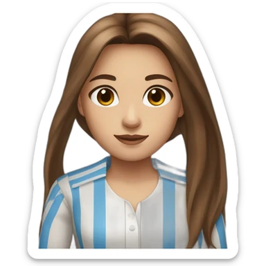 Girl with brown eyes and brown long and straight hair and white shirt with blue stripes sticker