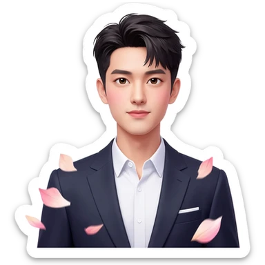 Gorgeous romantic anime style Asian formal modern gentlemanly guy with pretty hair and flower petals and blushing face aesthetic trending style with colorful gradient colors  pastelcore cottagecore kawaiicore sticker
