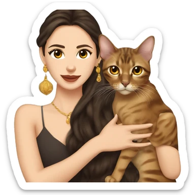 Beautiful skinny woman long dark brown hair in dark dress with gold earrings hug bengal cat sticker