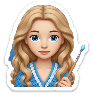 White Girl with light brown wavy long hair and blue eyes with a small crochet hook sticker