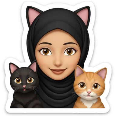 A Arabic woman human with brown eyes and black hijab. , the human is a human no cat ears, two cats, the both cats have the colour black and white in the same colour,  NO CAT EARS ON THE HUMAN  sticker