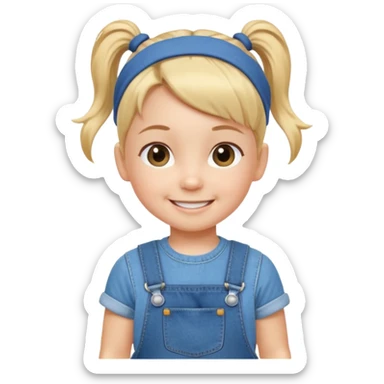 Cheerful toddler with a single small hair tie ponytail on top of head and  denim overalls, smiling at camera sticker