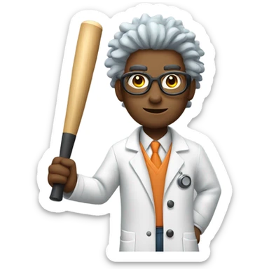 cartoon scientist with wild hair, wearing a lab coat and goggles holding a baseball bat sticker
