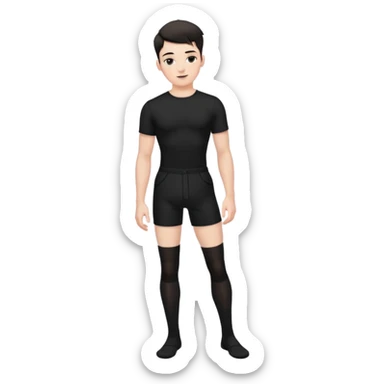 Male in his 20s, clean shaven, feminine look, wearing black thigh highs, black crops, black feminine shorts, is a femboy.   sticker