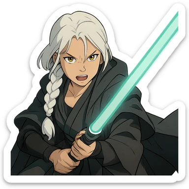  a closeup portrait of young woman with gold yellow eyes, white hair, long braid, black off-shoulder top, punk gothic style, futuristic cyberwave cyberpunk,  jedi attire and posture robes of a padawan, foreweilding a bright blue-green lightsaber, angry fierce face expression, power stance, wide angle shot sticker
