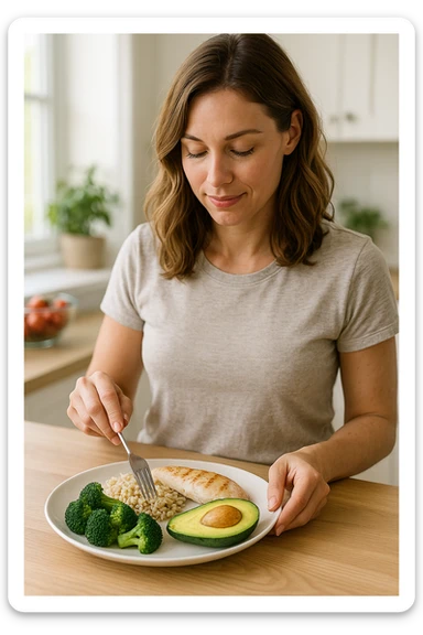 realistic style of a woman preparing a fit and balanced plate with separated and recognizable carbohydrates, proteins, and fats, bright environment, aspect ratio 2:3 sticker