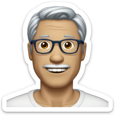 50 year old man, hair parted to the right with thin dark blue black glasses, his ears are slightly protruding and his smile is missing a tooth between the canine and the palette. sticker