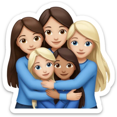 four white girlfriends hugging and smiling    2 girls with brown eyes and long dark brown hair. Two girls with blue eyes and light blonde hair sticker