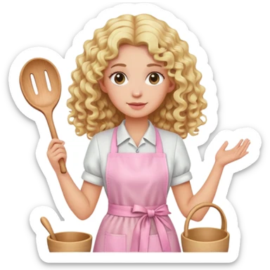 Blonde curly long hair lady with a light pink handicraft apron sticker