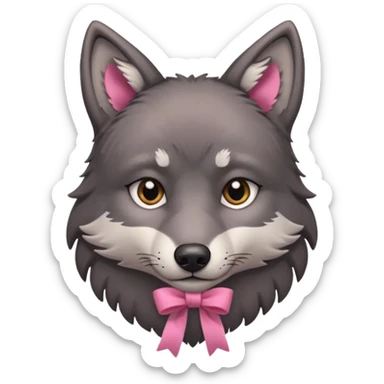 Pleading sad Face cute dark grey wolf with a pink ribbon on his ear head sticker