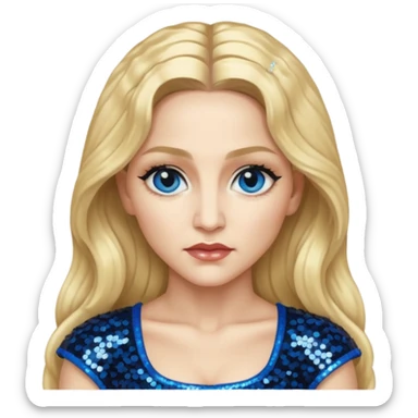 Madonna with blonde long hair, black sequin crop top, blue eye sticker