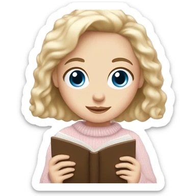 Pretty blue eyed white girl with light pink sweater reading cozy sticker