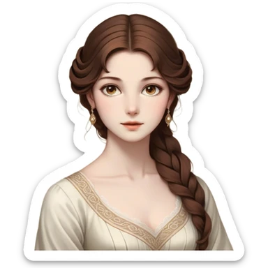 Cinematic Realistic Belle Portrait, depicted with lifelike skin texture, soft natural lighting, and intricately detailed brown hair styled elegantly. Her deep, expressive eyes exude warmth and intelligence, complemented by a serene and graceful expression. She is dressed in her classic attire, with rich fabric textures and delicate folds that catch the light beautifully. The portrait features a soft, enchanting glow with a natural, radiant finish, capturing the essence of timeless beauty in a realistic and painterly style, evoking a sense of depth and authenticity. sticker