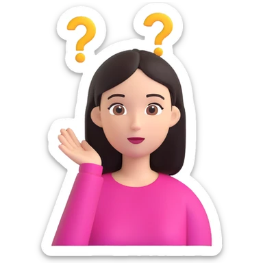 confused woman with straight dark hair, head tilted, question marks circling around her, 3D emoji style sticker
