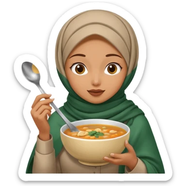 a woman wearing a pashmina hijab is eating while holding a spoon sticker