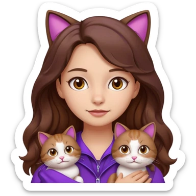 a girl with long wavy brown hair and brown eyes, wearing purple clothes, with a three-color cat, emoji style sticker
