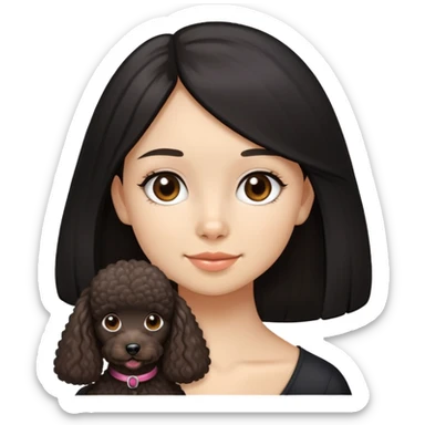 A girl with fair complexion with black long straight hair, dimples and brown eyes and miniature poodle sticker
