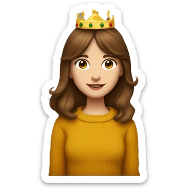 brown haired girl White English woman with long brown hair and face framing layered bangs dressed in a mustard yellow sweater with birthday crown and negroni in hand sticker