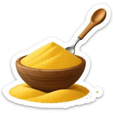 small pile or loose scatter of bright yellow cornmeal, coarse grainy texture, matte finish, irregular vibrant grains, rustic and hearty appearance, no bowl, spoon, or packaging, just the cornmeal, soft lighting, subtle shadows, transparent background, emoji scale sticker