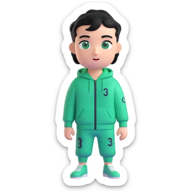 male character in a green Squid Game tracksuit with number 333, smirking, sharp black eyes, messy short black hair, slight stubble, flipping a coin, mysterious and strategic expression, 3D emoji style sticker
