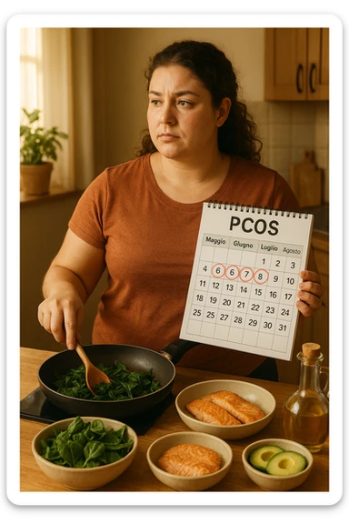 Donna con PCOS che tiene un calendario con i mesi "Maggio, Giugno, Luglio, Agosto" cerchiati, mentre prepara un pasto equilibrato con alimenti antinfiammatori (verdure a foglia, grassi sani, proteine magre). Espressione paziente e determinata. Atmosfera di impegno quotidiano, luce calda e naturale. sticker