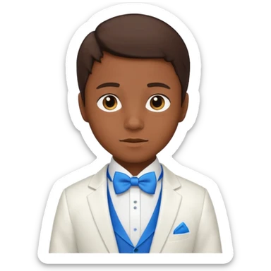 A boy with dark brown skin and I little bit of brown hair and a white tuxedo with a blue tie sticker