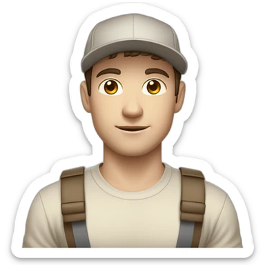 Pale skinned fit Man with dark brown hair in a beige cap, gray jeans, brown polo and white T-shirt keeping a pasted with tape white box into his hands sticker