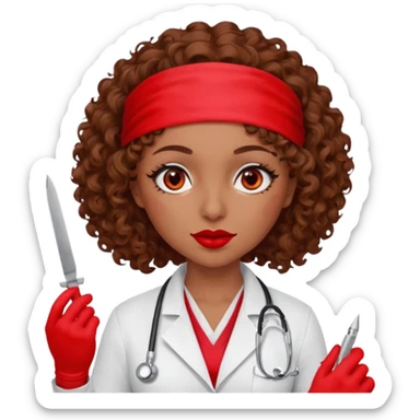 Lilith scalpel in hand, evil surgeon sexy surgeon clothes.  She has red eyes.Her  brown curly hair. Wears sexy doctor outfit with red gloves. Hides mouth necknose with red bandana to hide her identity. Hair is long and brown sticker