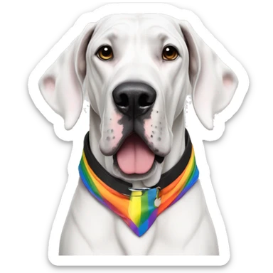 white and black great dane with a rainbow pride collar sticker