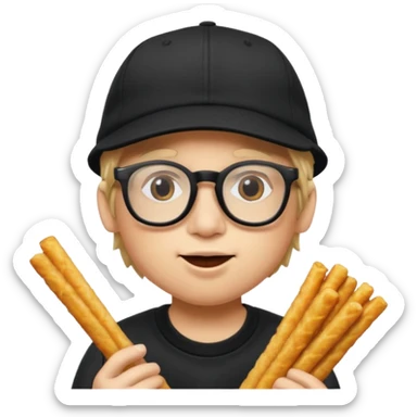 num num eatting hashbrown sticks with a plain black cap and glasses sticker