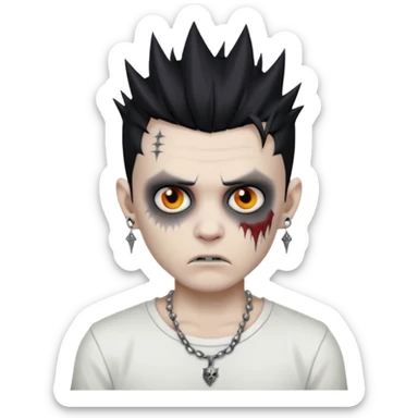 zombie boy with spiky emo black hair and white shirt , tattos, a risk on the eyebrow, earings,  a necklace emoji sticker